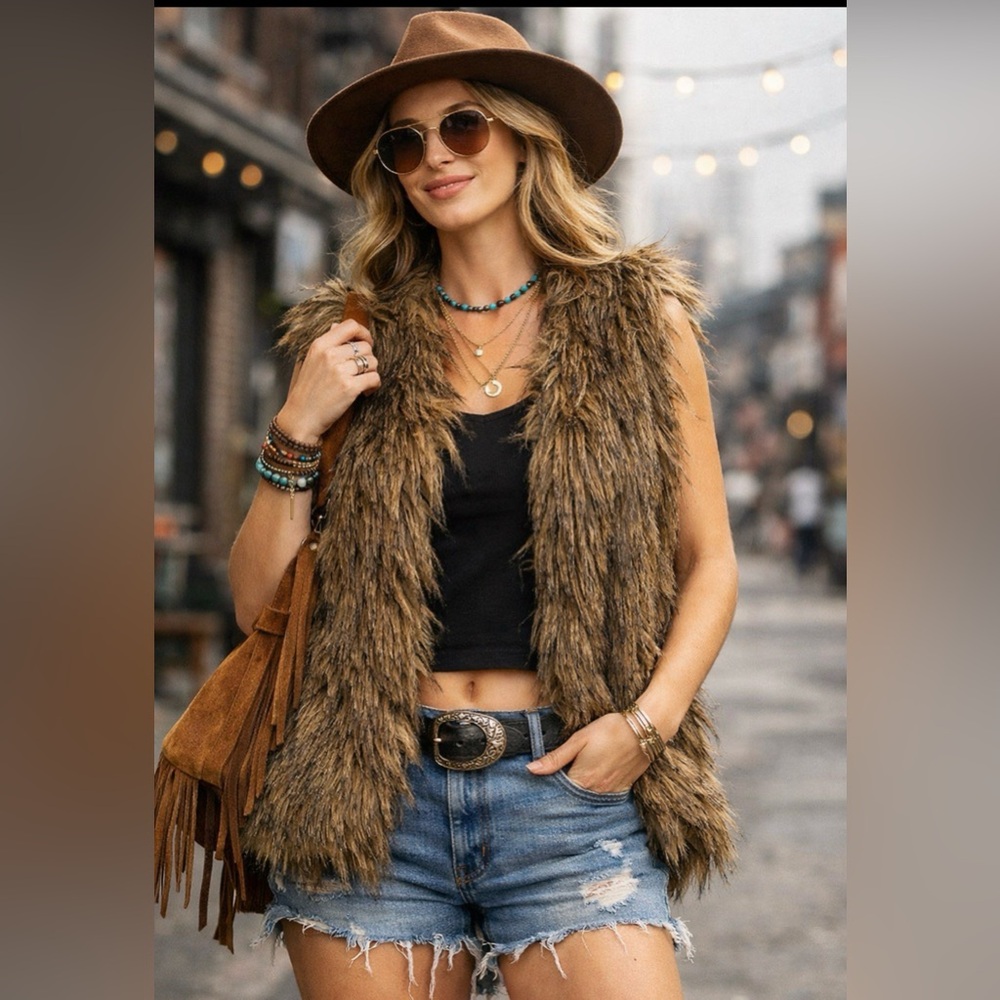 Urban Behavior Peace & Love Size L Brown Lined Faux Fur Vest Pockets